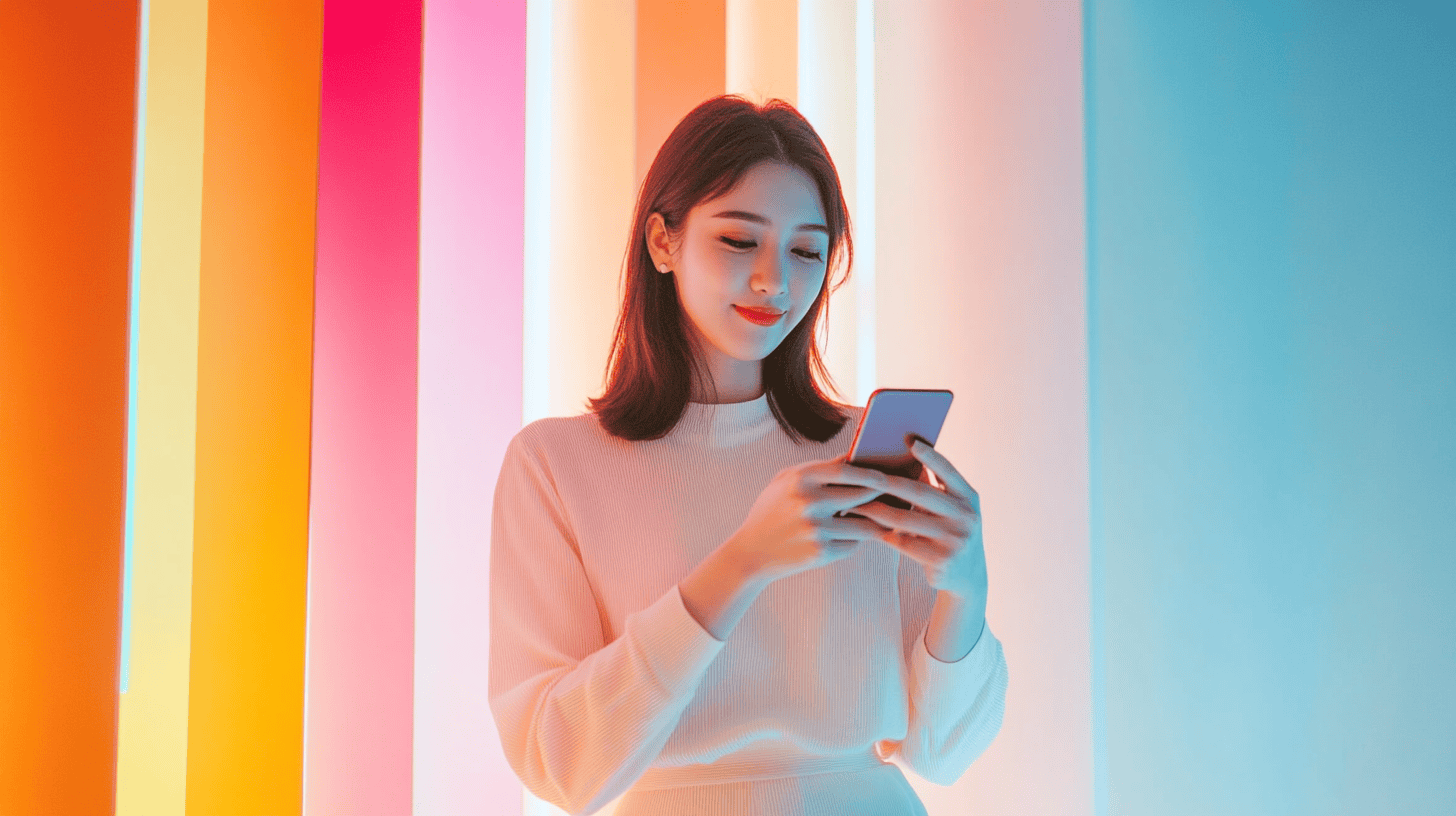 A woman in a light sweater holds a smartphone, standing against colorful vertical light bars.