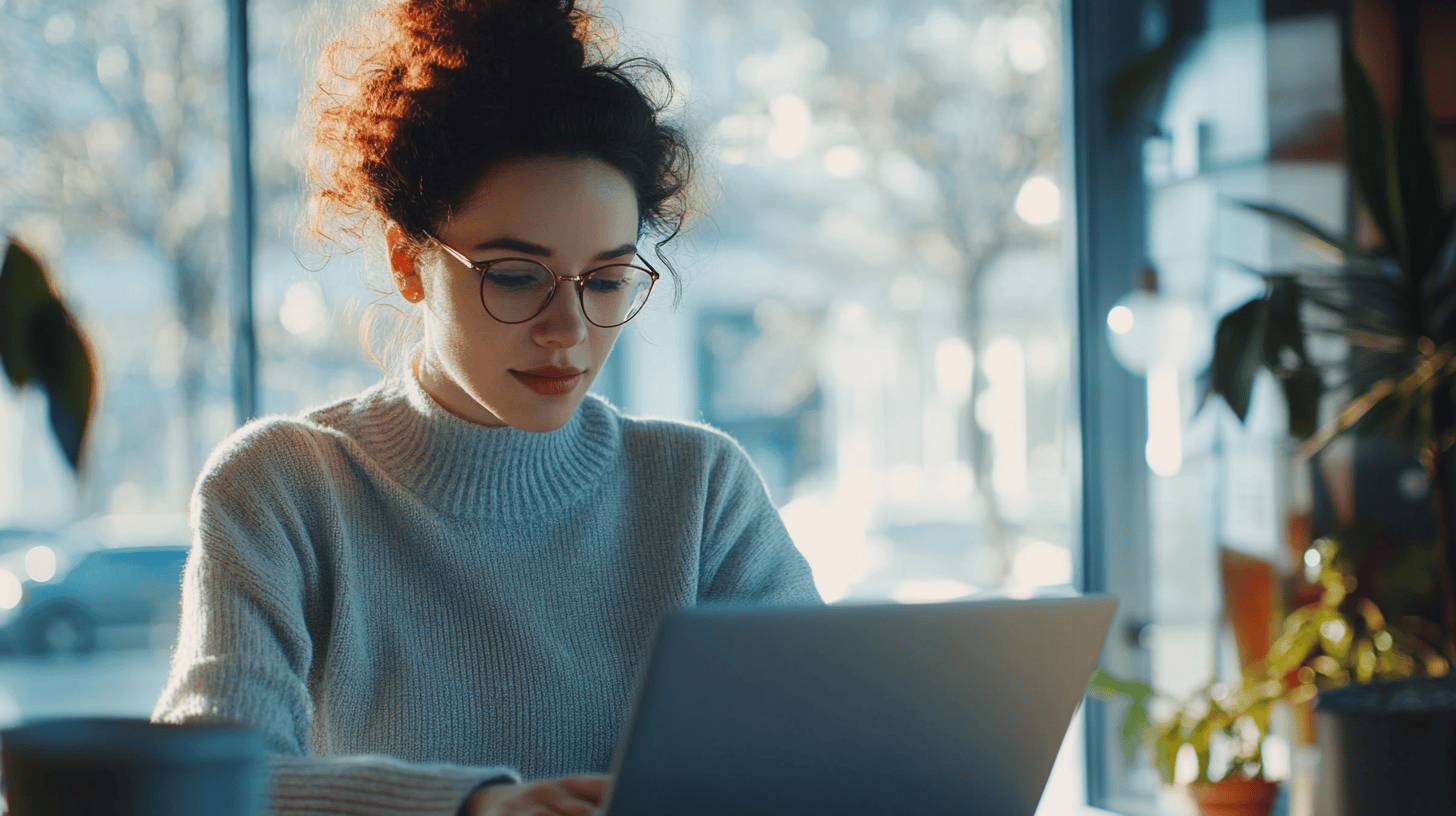 Woman with curly hair and glasses typing on a laptop in a bright café, surrounded by plants and soft natural light.
