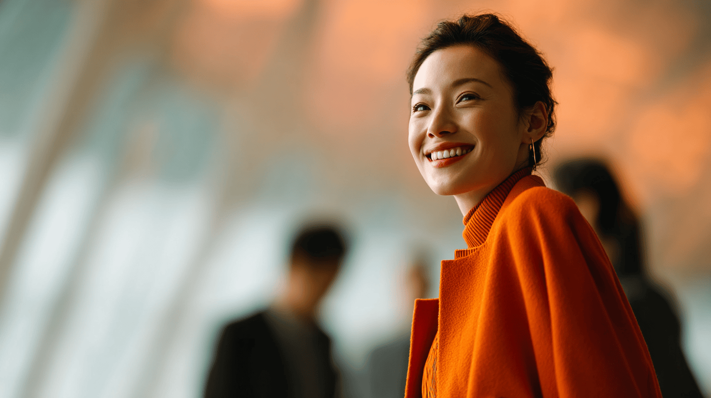 A smiling woman in an orange sweater stands in a softly lit setting, with blurred figures in the background.