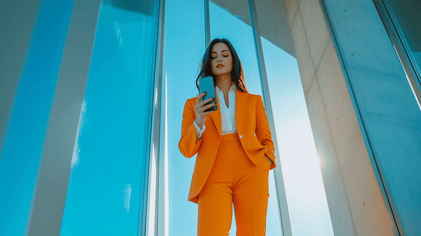 A woman in an orange suit holds a smartphone, standing against glass windows with a bright blue sky in the background.