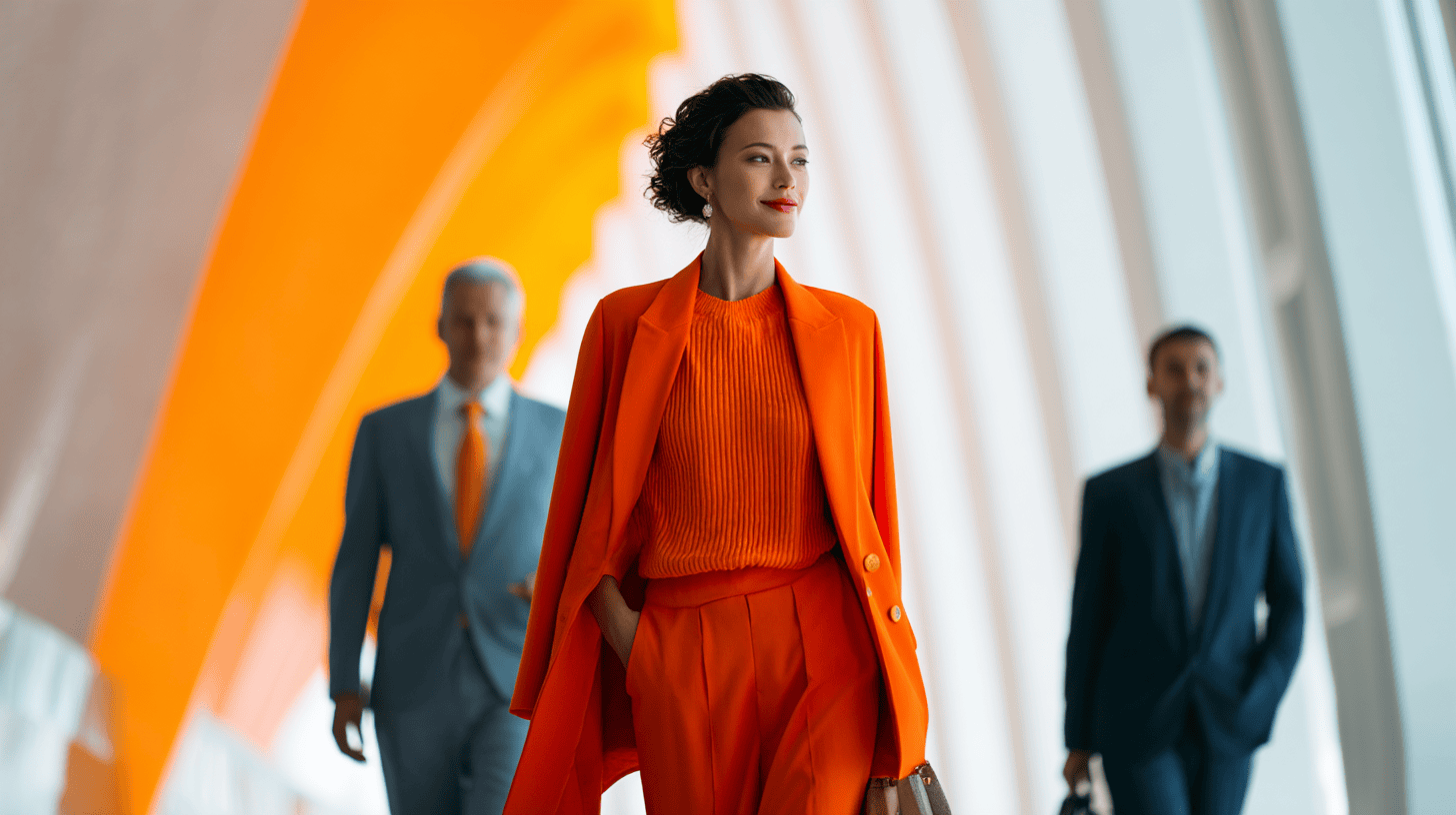 A woman in a vibrant orange suit walks confidently, with two men in suits following behind in a bright, modern space.