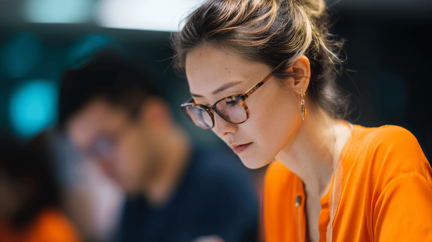 A woman in an orange top and glasses focuses intently on her work, with a blurred individual behind her.