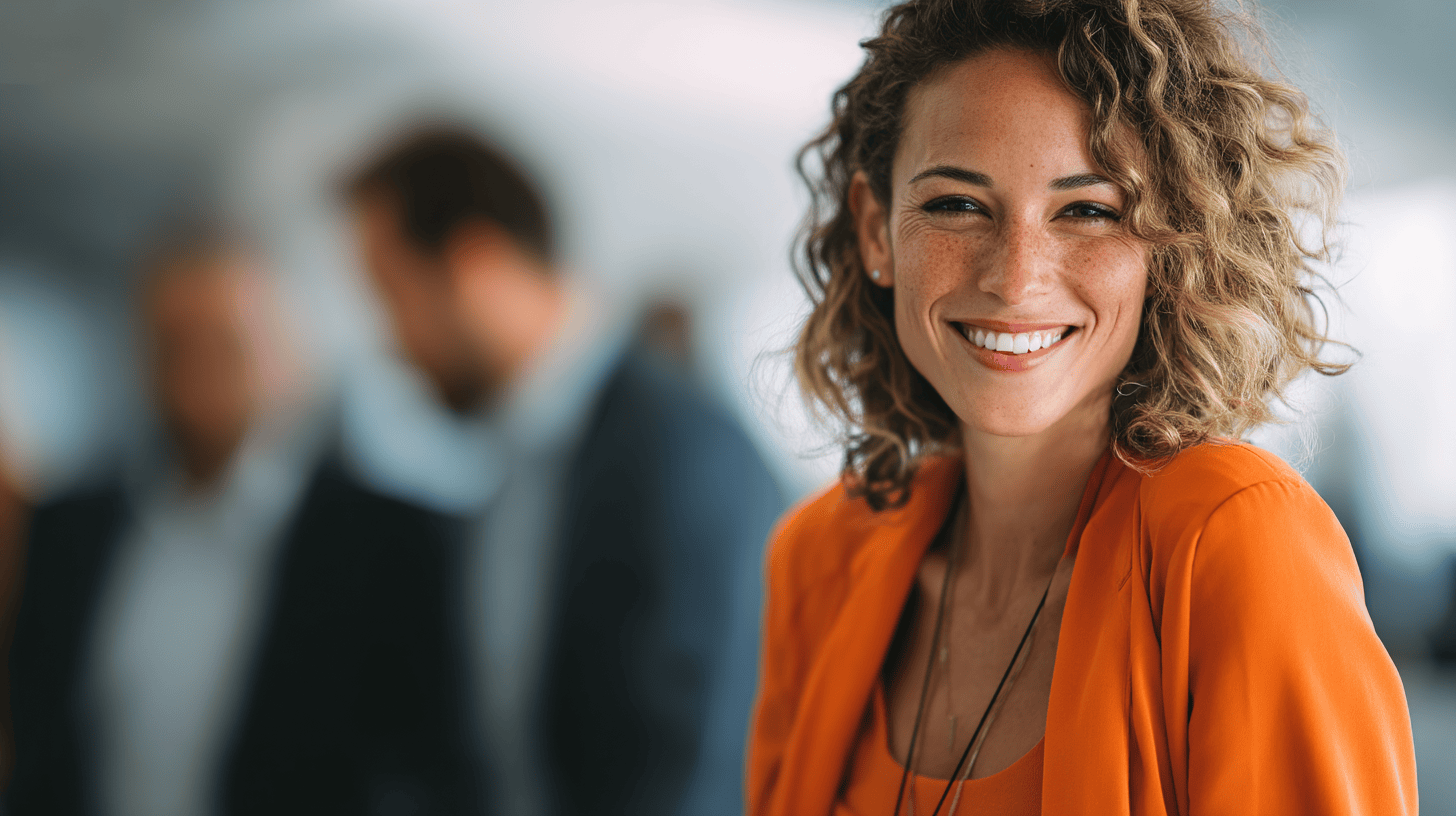 Close-up of a smiling woman with curly hair, wearing an orange top, against a blurred background of people.