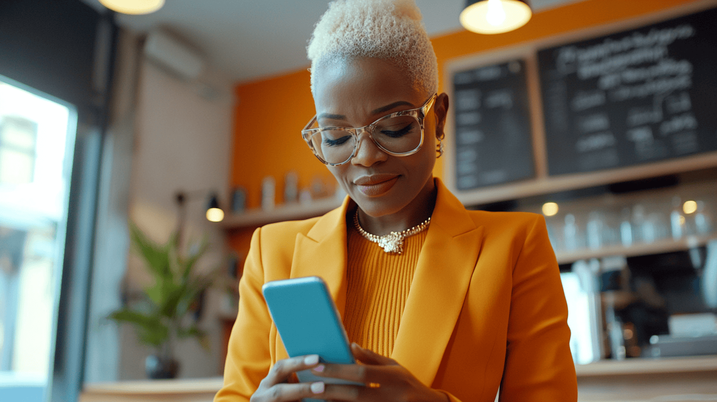 A woman in an orange blazer looks at her phone, smiling softly. There's a café setting with greenery and a chalkboard menu.