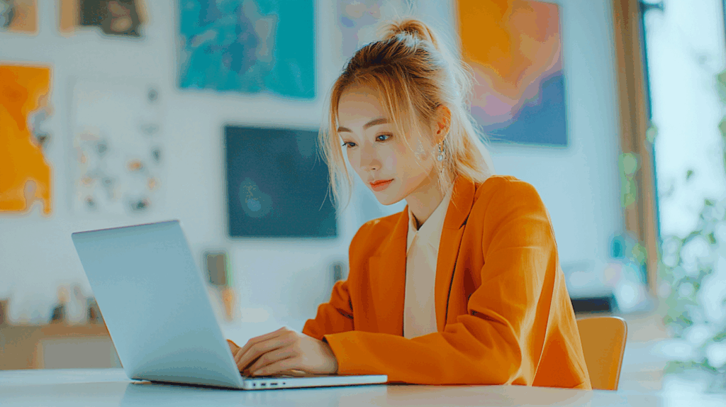 a woman in an orange jacket using a laptop