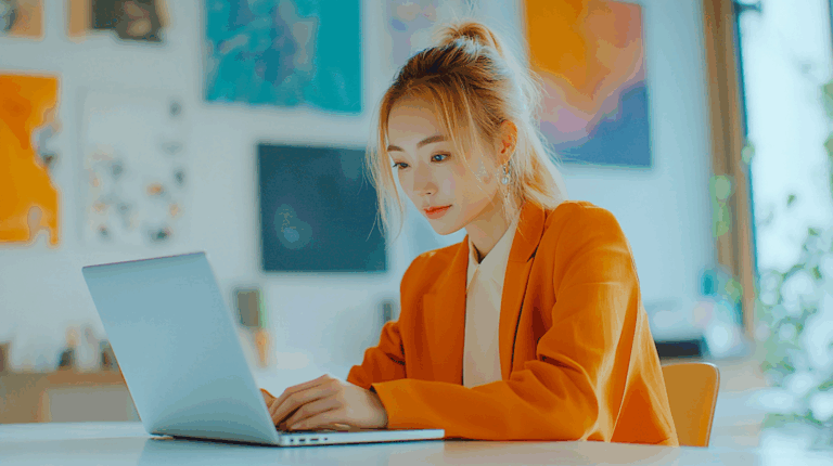 a woman in an orange jacket using a laptop