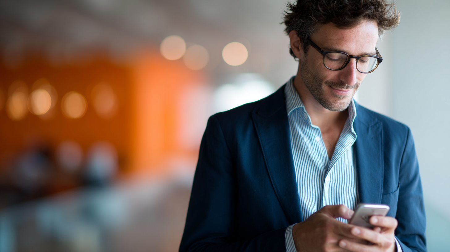 Professional man using smartphone in modern business environment.