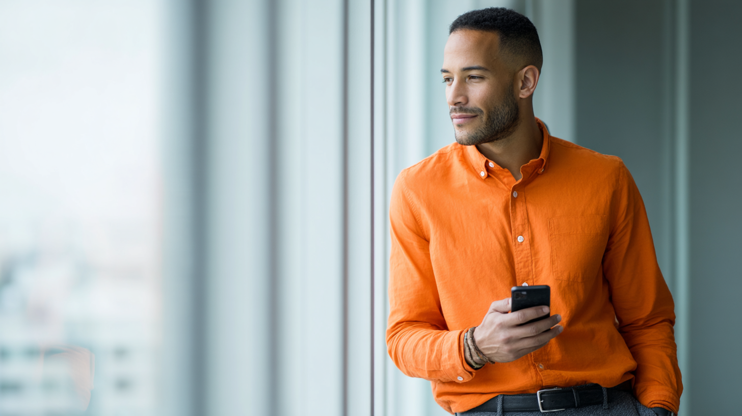 Professional man using smartphone in modern office, corporate, communication, digital connectivity, business, casual attire.