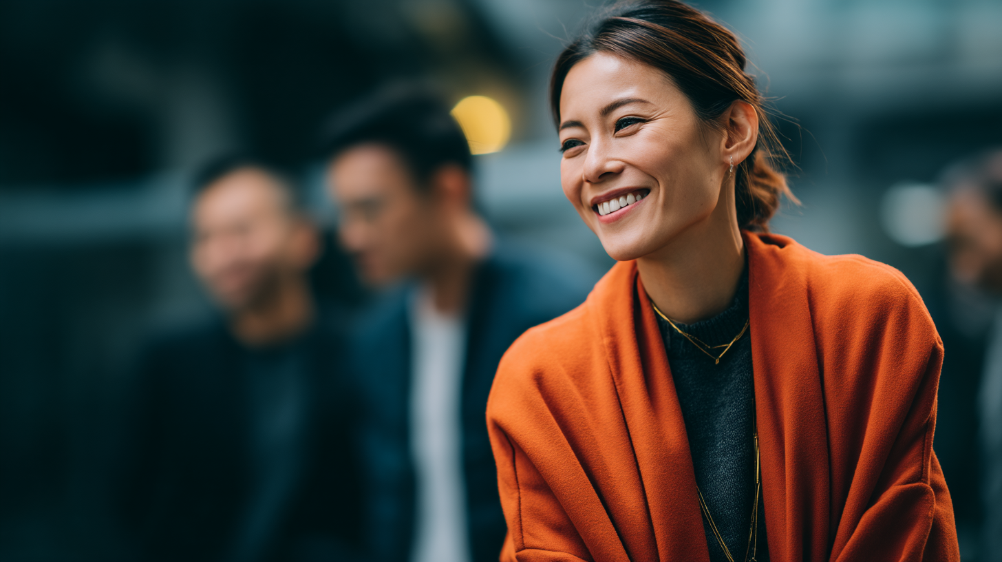 Vibrant woman smiling at outdoor business networking event, professional woman in orange blazer with happy expression.