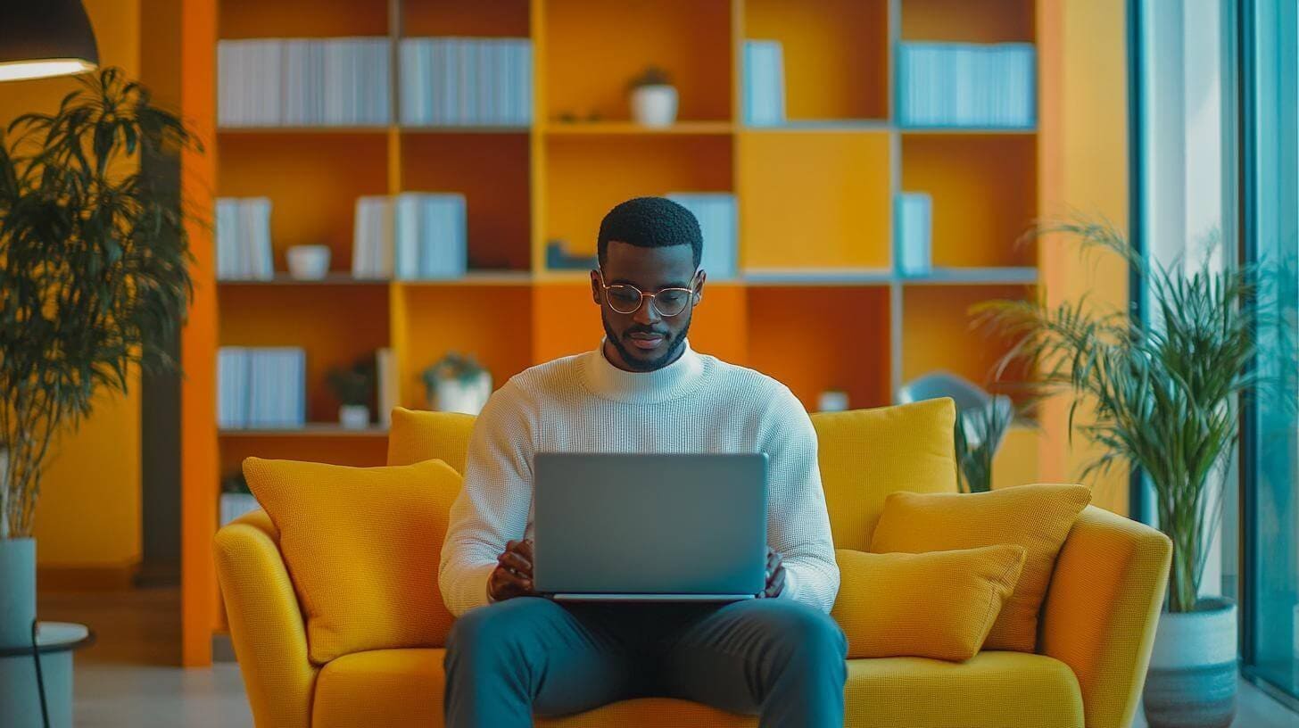 a man sitting on a couch using a laptop