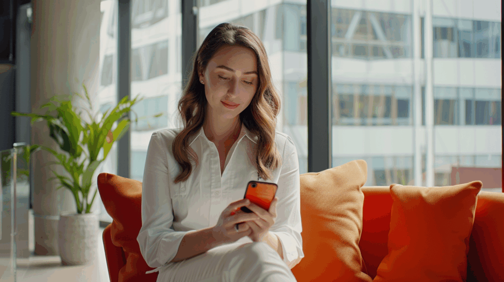 a woman sitting on a couch looking at her phone