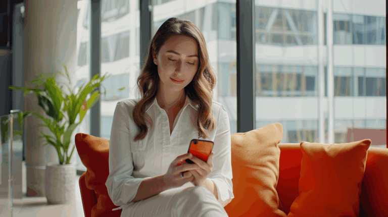 a woman sitting on a couch looking at her phone