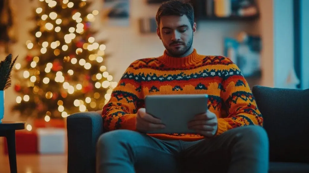 a man sitting in a chair using a tablet